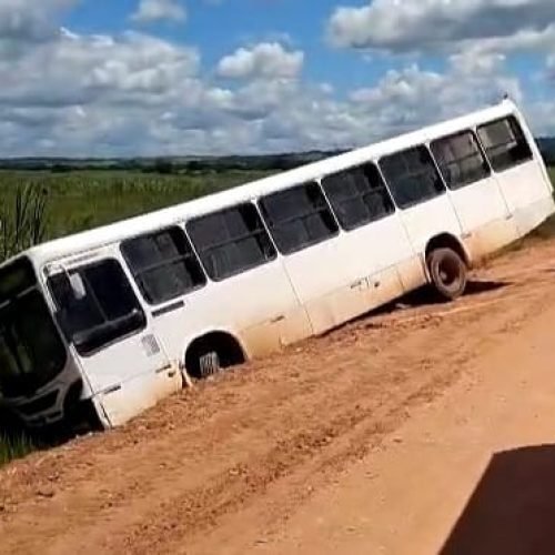 Ônibus com estudantes perde controle e cai em canavial no município de Rio Tinto